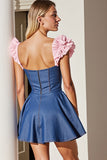Dark Blue Ruffled Square Neck A Line Short Prom Dress