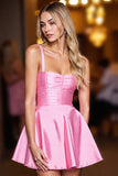 Pink Satin Spaghetti Straps A Line Short Prom Dress