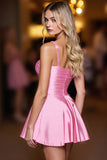 Pink Satin Spaghetti Straps A Line Short Prom Dress
