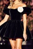 Black Off The Shoulder A Line Cocktail Dress with 3D Flower