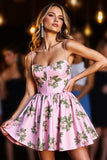Pink Satin Spaghetti Straps Printed A Line Short Prom Dress