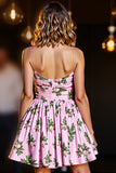 Pink Satin Spaghetti Straps Printed A Line Short Prom Dress