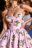 Pink Satin Spaghetti Straps Printed A Line Short Prom Dress