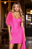 Fuchsia Ruched Sweetheart Short Prom Dress with Feather