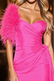 Fuchsia Ruched Sweetheart Short Prom Dress with Feather