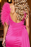 Fuchsia Ruched Sweetheart Short Prom Dress with Feather