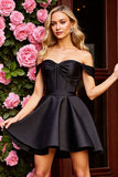 Black Corset Ruched A Line Cocktail Dress