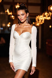 White Ruched Bodycon Short Cocktail Dress with Bow