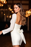 White Ruched Bodycon Short Cocktail Dress with Bow