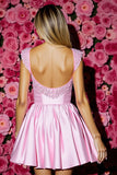 Pink Satin Pleated A Line Short Prom Dress with Bow