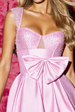 Pink Satin Pleated A Line Short Prom Dress with Bow