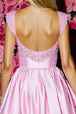 Pink Satin Pleated A Line Short Prom Dress with Bow