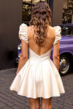 Ivory A Line Puff Sleeve Corset Short Cocktail Dress