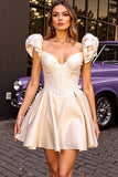 Ivory A Line Puff Sleeve Corset Short Cocktail Dress
