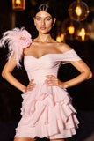 Off The Shoulder Pink Tiered Short Prom Dress With Feathers