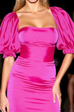 Fuchsia Square Neck Puff Sleeve Bodycon Short Prom Dress