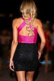 Sparkly Halter Bodycon Black Fuchsia Mini Prom Dress