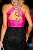 Sparkly Halter Bodycon Black Fuchsia Mini Prom Dress