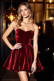 A Line Burgundy Strapless Velvet Short Cocktail Dress