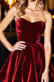 A Line Burgundy Strapless Velvet Short Cocktail Dress