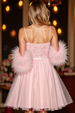 Sparkly Blush Corset Short Prom Dress With Feathers