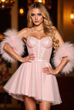 Sparkly Blush Corset Short Prom Dress With Feathers