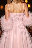 Sparkly Blush Corset Short Prom Dress With Feathers