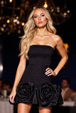 Black A Line Strapless Mini Prom Dress With 3D Flowers