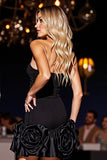 Black A Line Strapless Mini Prom Dress With 3D Flowers