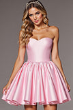 A Line Strapless Pink Satin Short Prom Dress With Bow
