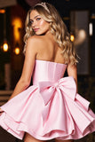A Line Strapless Pink Satin Short Prom Dress With Bow