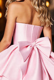 A Line Strapless Pink Satin Short Prom Dress With Bow