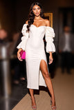 Off The Shoulder White Sheath Midi Cocktail Dress With Slit