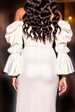 Off The Shoulder White Sheath Midi Cocktail Dress With Slit