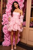 Pink Strapless A Line Ruffled Mini Party Dress
