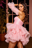 Pink Strapless A Line Ruffled Mini Party Dress