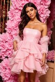 Pink Strapless A Line Ruffled Mini Party Dress