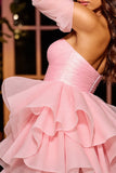 Pink Strapless A Line Ruffled Mini Party Dress