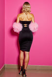 Black Strapless Bodycon Mini Cocktail Dress with Feathers