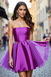 A Line Dark Purple Tulle Beaded Short Prom Dress