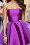 A Line Dark Purple Tulle Beaded Short Prom Dress