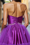 A Line Dark Purple Tulle Beaded Short Prom Dress