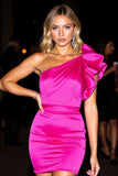 One Shoulder Bodycon Ruffled Fuchsia Cocktail Dress