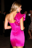 One Shoulder Bodycon Ruffled Fuchsia Cocktail Dress