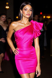 One Shoulder Bodycon Ruffled Fuchsia Cocktail Dress