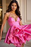 A Line Fuchsia V Neck Mini Cocktail Dress with 3D Flower