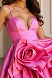 A Line Fuchsia V Neck Mini Cocktail Dress with 3D Flower