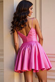 A Line Fuchsia V Neck Mini Cocktail Dress with 3D Flower