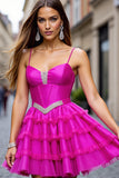 Fuchsia Beaded Tiered A Line Short Prom Dress