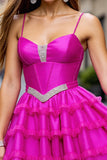 Fuchsia Beaded Tiered A Line Short Prom Dress